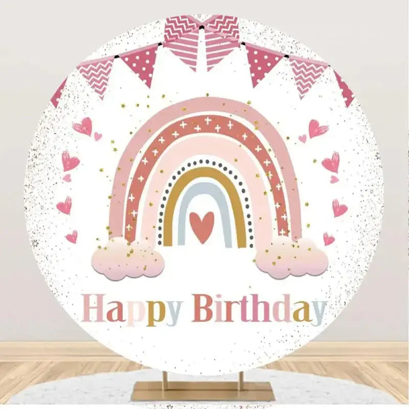 White Pink Rainbow Boho Round Backdrop For Birthday - Aperturee