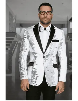 Style#-B6362 Men's Shiny Sequin 1 Button White & Black Blazer ~ Black Dinner Jacket - Wool