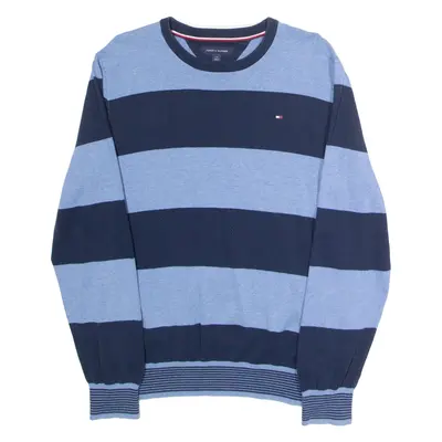TOMMY HILFIGER Mens Patterned Jumper Blue Striped Crew Neck Tight Knit L