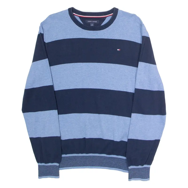 TOMMY HILFIGER Mens Patterned Jumper Blue Striped Crew Neck Tight Knit L
