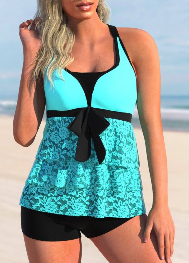 Modlily Lace Stitching Layered Hem Cyan Tankini Top - S