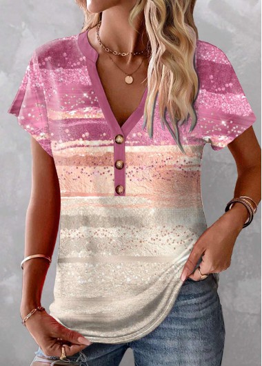 Modlily Pink Patchwork Ombre Short Sleeve V Neck T Shirt - XL