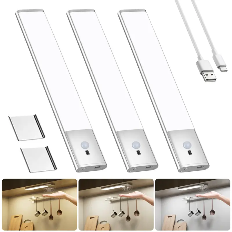 Diomart Magnetic Closet Lights 3-Pack - USB-C Rechargeable LED Stripe Under-Cabinet Lighting with Dynamic Motion Detection & ...