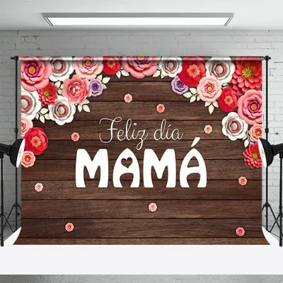 Feliz Dia Mama Red Floral Wooden Mothers Day Backdrop - Aperturee
