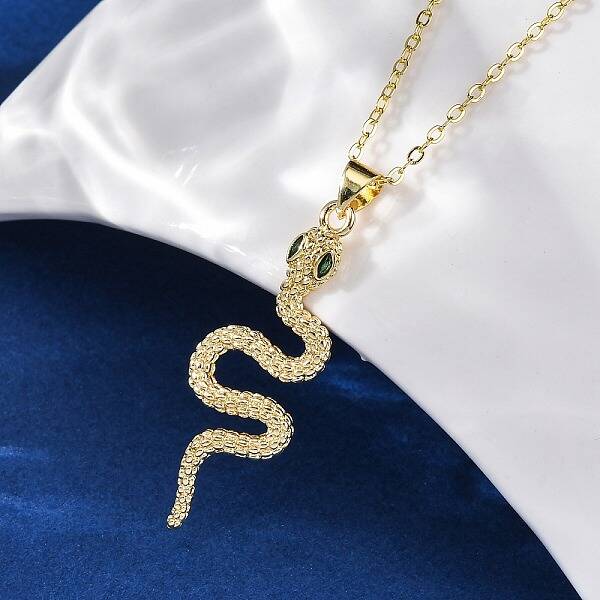 Brass Micro Pave Green Cubic Zirconia Snake Pendant Necklaces
