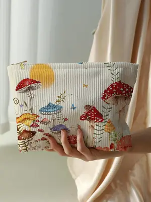 Cute Mushroom & Butterfly Pattern Makeup Bag, Multifunctional Large Capacity Cosmetic Storage Bag, Cosmetic Pouch, Zipper Cor...