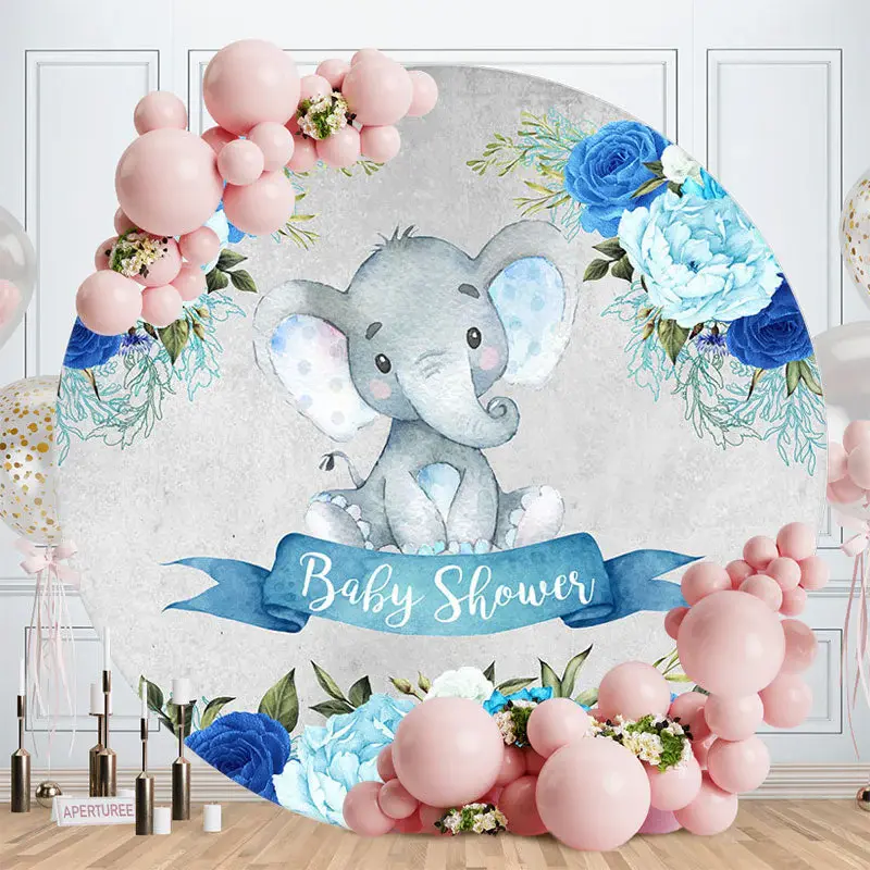 Aperturee Blue Floral Elephant Boy Baby Shower Backdrop