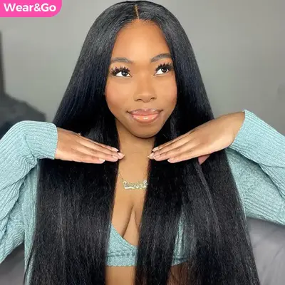 [Clearance Sale] CurlyMe Pre-Bleached Wear Go Yaki Straight 7x5 Pre-cut HD Lace Closure Wig Pre plucked Natural Black Shippin...