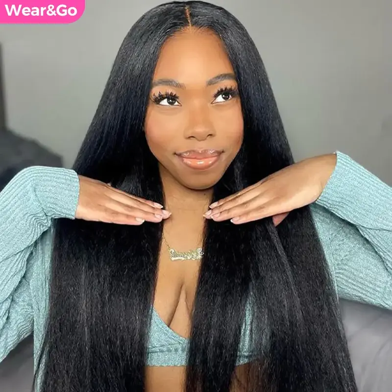 [Clearance Sale] CurlyMe Pre-Bleached Wear Go Yaki Straight 7x5 Pre-cut HD Lace Closure Wig Pre plucked Natural Black Shippin...