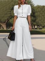 Women's Solid Color Button Front Crop Top & Wide Leg Pants Set, Elegant Casual Two-piece Set for Summer, Ladies Clothes for D...