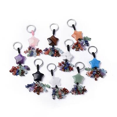 Natural & Synthetic Mixed Gemstone Star with Mixed Gemstone Chips Beaded Tassel Keychains