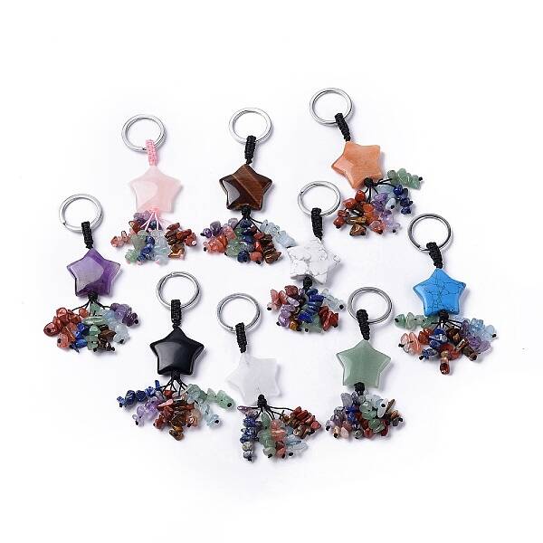 Natural & Synthetic Mixed Gemstone Star with Mixed Gemstone Chips Beaded Tassel Keychains
