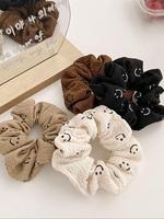 Cute Smile Face Print Scrunchie (4pcs), Casual Versatile Hair Accessories for Women, Minimalist Brown Headwear Suitable for T...