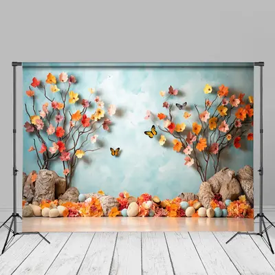 Paper Floral Butterfly Blue Sky Birthday Backdrop - Aperturee
