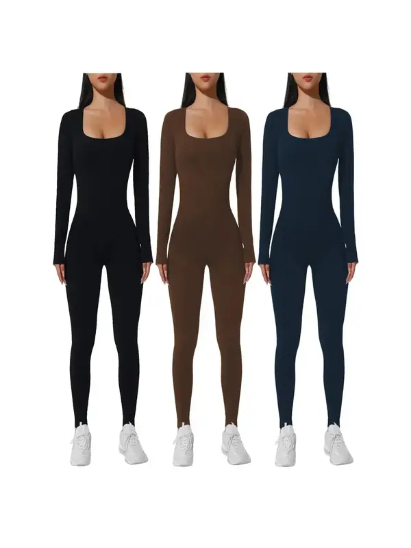 Plain Square Neck Sports Jumpsuit for Women, Sporty Body Jumpsuits, Long Sleeve Skinny Jumpsuit for Spring & Fall, Summer Spo...