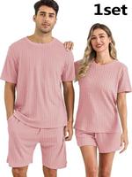 Couple's Solid Short Sleeve Tee & Shorts Pyjama Set, Casual Comfy Baggy Round Neck T-shirt & Shorts Pj Set, Couple's Sleepwea...