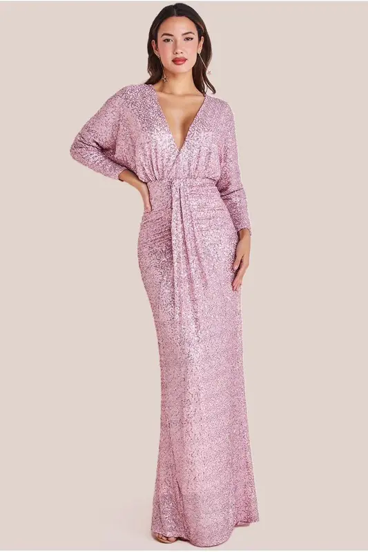 Goddiva Plunge V-Neck Sequin Maxi - Blush
