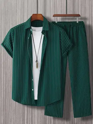Two Counts Men's Striped Print Button Shirt & Drawstring Waist Pants Set, Casual Comfy Streetwear Short Sleeve Top & Straigh...