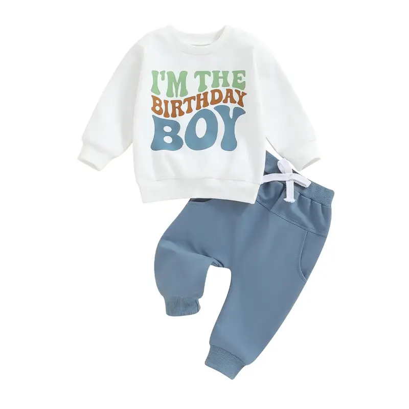Canrulo Toddler Baby Birthday Boy Girl Outfit I'M The Birthday Boy Letter Pullover Sweatshirt Solid Pant 2pcs Fall Clothes