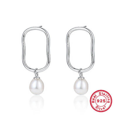 Anti-Tarnish Rhodium Plated 925 Sterling Silver Oval Dangle Stud Earrings