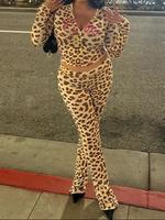 Women's Leopard Print Zip Up Long Sleeve Jacket & High Waist Skinny Pants, Casual Fashion Cozy Breathable Longsleeves Outfits...