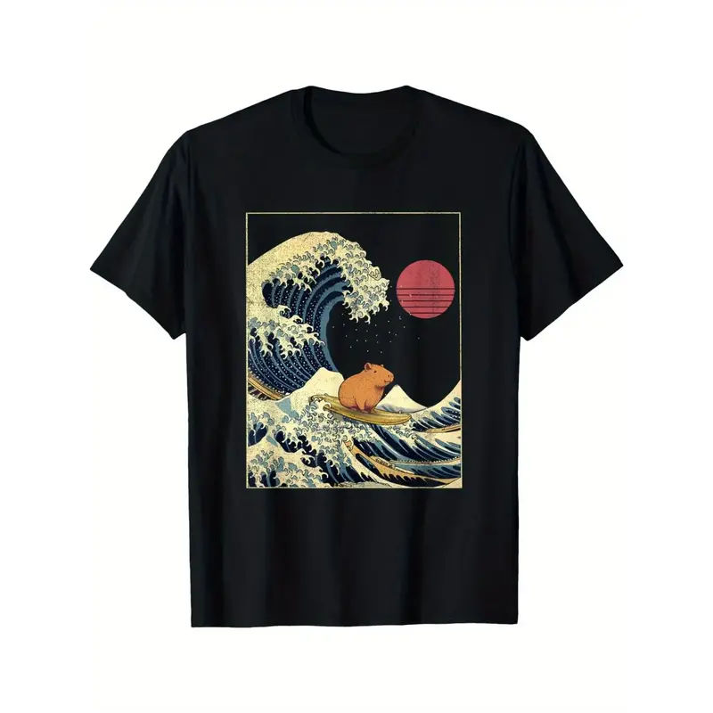 Capybara Surfing Kanagawa Wave Graphic Tee -  100% Cotton T-Shirt - Versatile for Casual, Sports, Festive, All-Season Wear