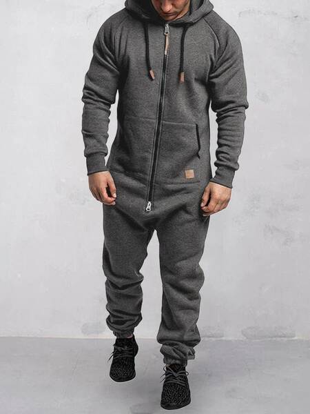 Hooded Fleece Solid Color Jumpsuit, Dark Grey / S