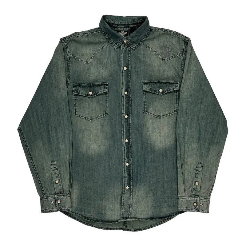 Harley Davidson Denim Shirt - Large Blue Cotton