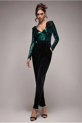 Goddiva Liquid Sequin Romper With Corsage - Emerald Green
