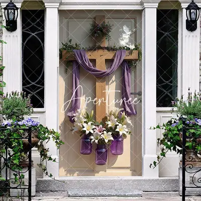 Aperturee Sunlight Wood Cross White Floral Easter Door Cover, 30x80 Inch, 28.48 USD, easter door covers, ANML090A-A