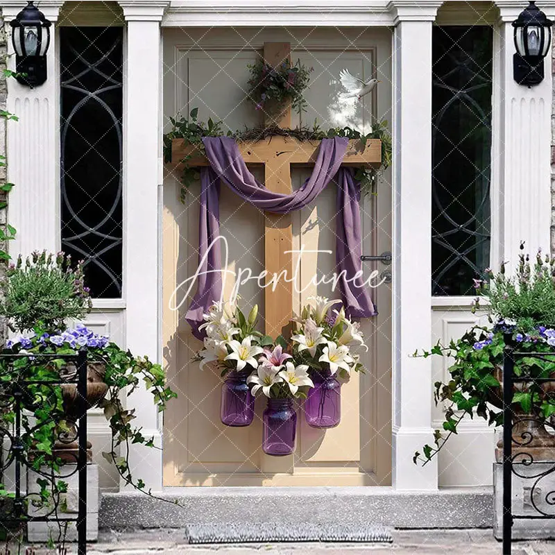 Aperturee Sunlight Wood Cross White Floral Easter Door Cover, 30x80 Inch, 28.48 USD, easter door covers, ANML090A-A