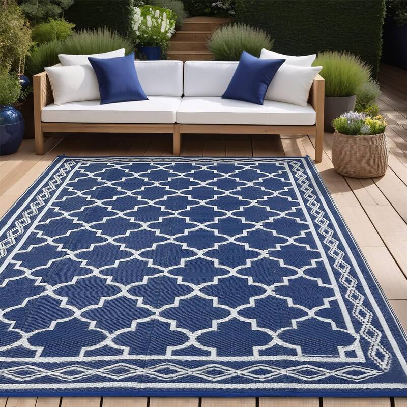 Garvee Outdoor Dark Blue 10x20 Ultra Large Area Rug Mat Non-Slip Stain-Resistant Plastic Folding Navy Blue & White for Campin...