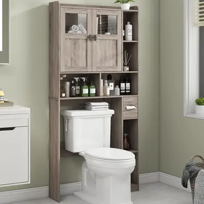 Vabches Over The Toilet Storage Cabinet, Bathroom Shelf Over Toilet with Glass Doors and Adjustable Shelves, Grey Freestandin...