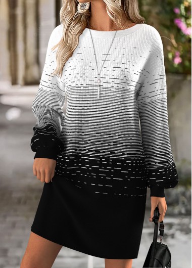 Modlily Black Tummy Coverage Ombre Short Long Sleeve Dress - XL