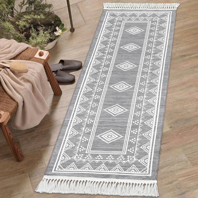 Garvee Boho Washable Runner Rug, Non-Slip Moroccan Tribal Carpet with Tassels, Stain-Resistant Farmhouse Geometric Floor Cove...