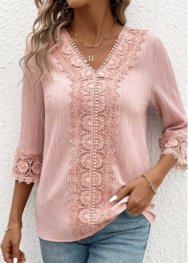 Modlily Light Pink Lace 3/4 Sleeve V Neck Blouse - L