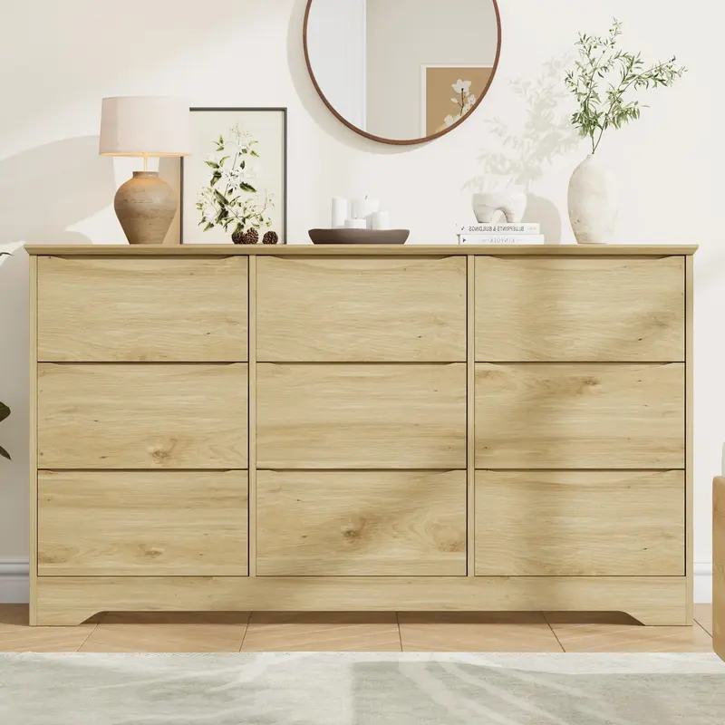 Garvee Wooden Dresser with 9 Drawers, Tall Modern Closet with Deep Storage, Large Chest of Drawers with Wide Top, Long Storag...