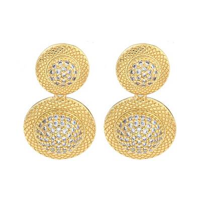 Flat Round Brass Pave Clear Cubic Zirconia Dangle Stud Earrings