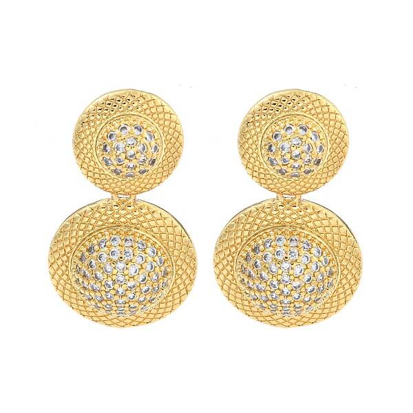 Flat Round Brass Pave Clear Cubic Zirconia Dangle Stud Earrings