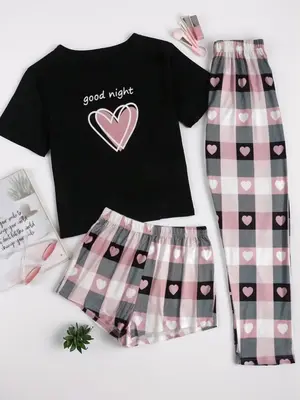 Women's Tee & Pants & Shorts Pajama Set, Pajama Sets Women, Lady Cute Comfort Short Sleeve T-shirt & Elastic Waist Shorts & T...