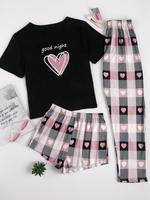 Women's Heart Print Tee & Plaid Print Pants & Shorts Pajama Set, Pajama Sets Women, Lady Cute Comfort Short Sleeve T-shirt & ...