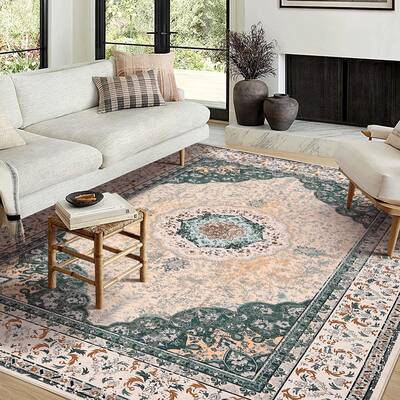 Garvee Area Rug | Rugs for Living Room | Washable – 8x10 Boho Vintage Floral Area Rugs, Soft Faux Lamb Velvet Rug & TPR Non...