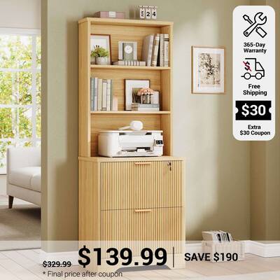 SEDETA | 2 Drawer Fluted File Cabinet with Lock Farmhouse File Cabinets for Home Office with Adjustable Storage Shelf Natural...