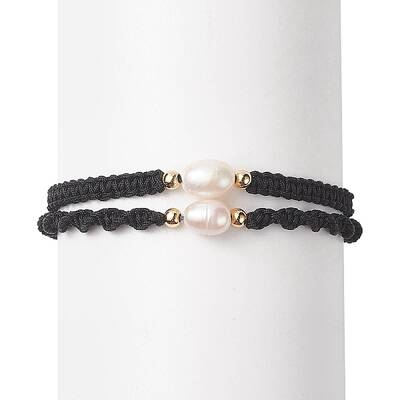 2Pcs 2 Style Natural Pearl Braided Bead Bracelets Set with Nylon Cord for Women