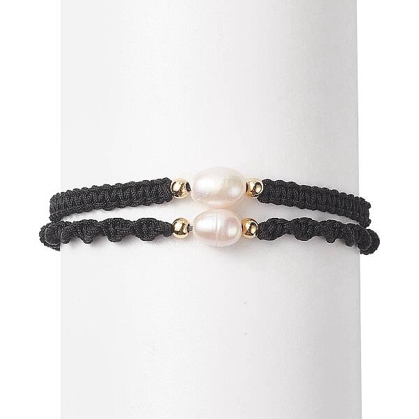 2Pcs 2 Style Natural Pearl Braided Bead Bracelets Set with Nylon Cord for Women