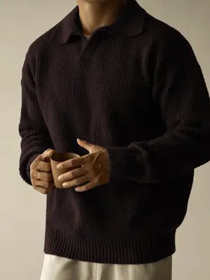 Men's Solid Drop Shoulder Ribbed Pullover, Regular Fit Casual Long Sleeve Collared Jumper for Fall & Winter, Men's Knitwear f...