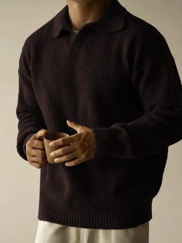 Men's Solid Drop Shoulder Ribbed Pullover, Regular Fit Casual Long Sleeve Collared Jumper for Fall & Winter, Men's Knitwear f...