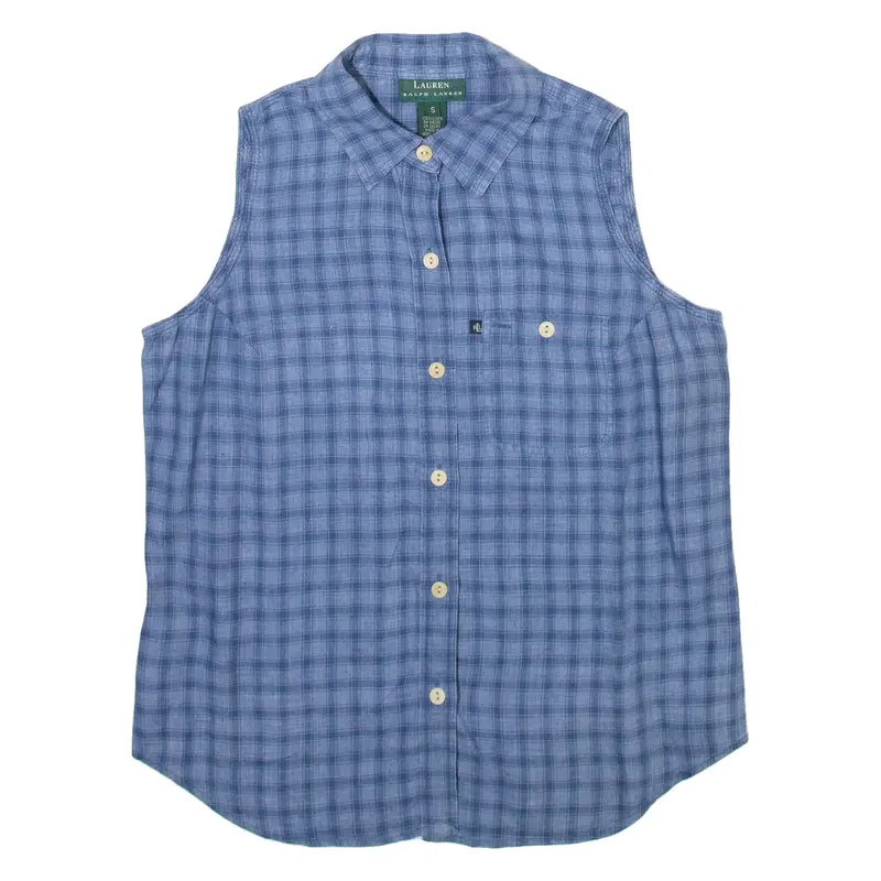 LAUREN RALPH LAUREN Womens Shirt Blue Linen Check Sleeveless S