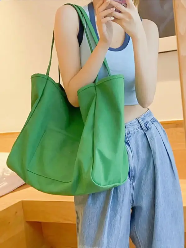 Simple Plain Canvas Tote Bag, Large Capacity Trendy Fashionable Shoulder Bag, Versatile Shopping Bag, All-match Commuter Bag ...