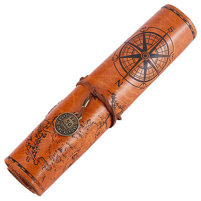 Map & Compass Pattern Leather Pen Bag